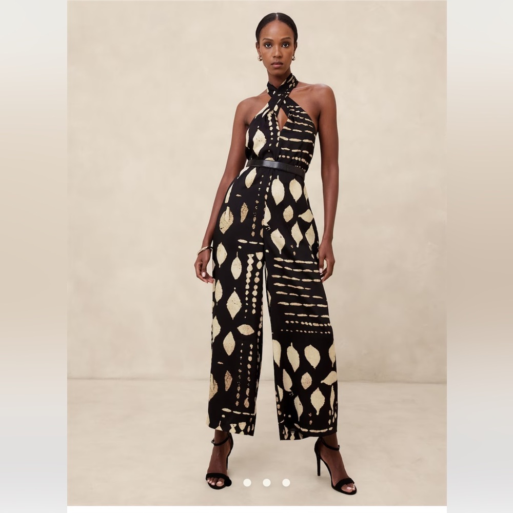 NWT wrap-halter black and cream print jumpsuit